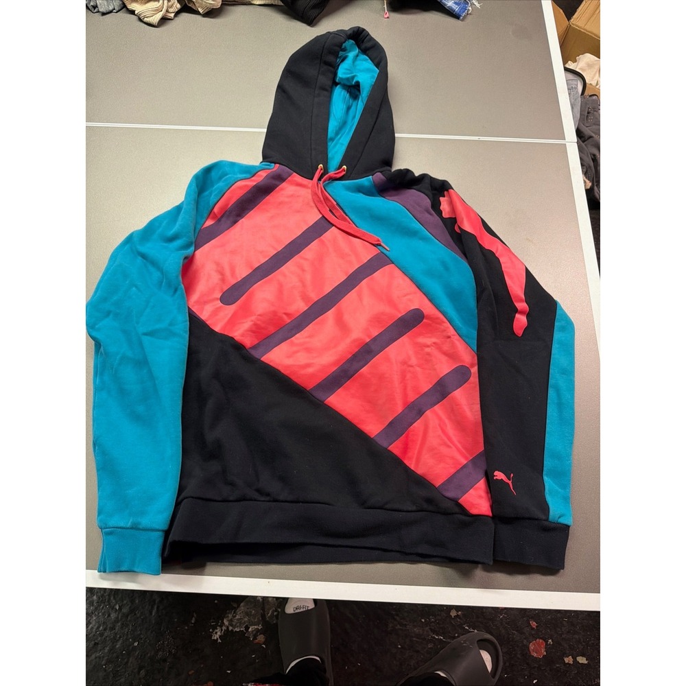 Puma Mens‎ Sportlifestyle Colorblock Hoodie Black Pink Teal Graphic Sweatshirt M